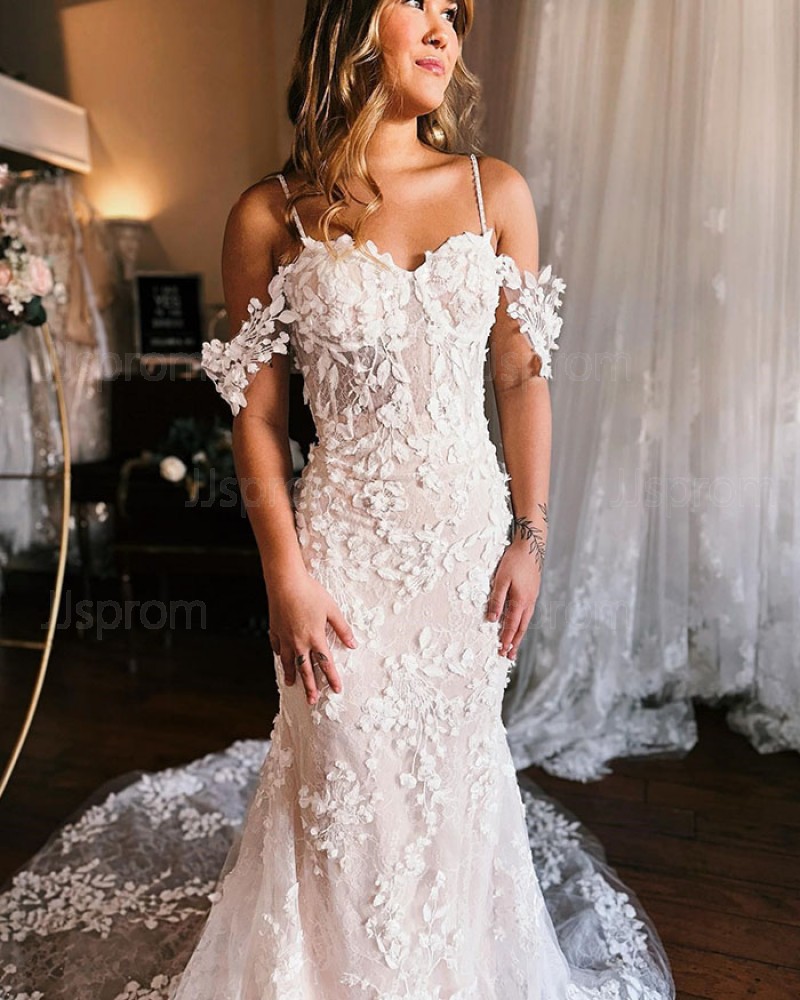White Lace Applique Cold Shoulder Sheath Wedding Dress WD2550