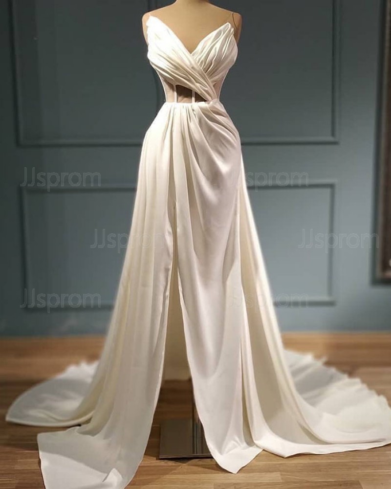 Ruched Satin Spaghetti Straps A-line Wedding Dress with Side Slit WD2554