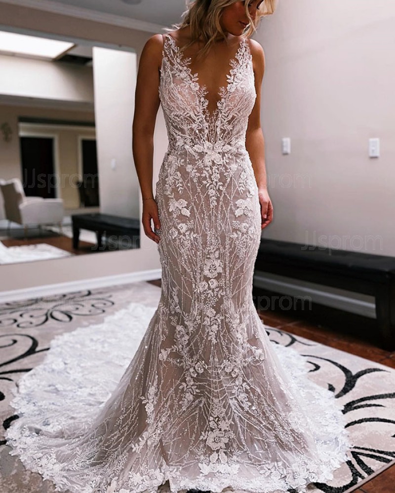 Sparkle 3D Flower V-neck White Wedding Dress WD2563