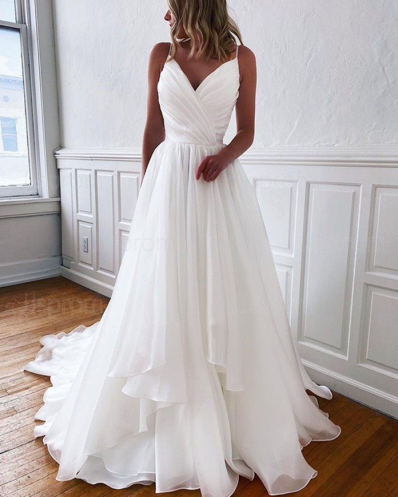 Spaghetti Straps Ruched Chiffon Simple Ivory Wedding Dress WD2565