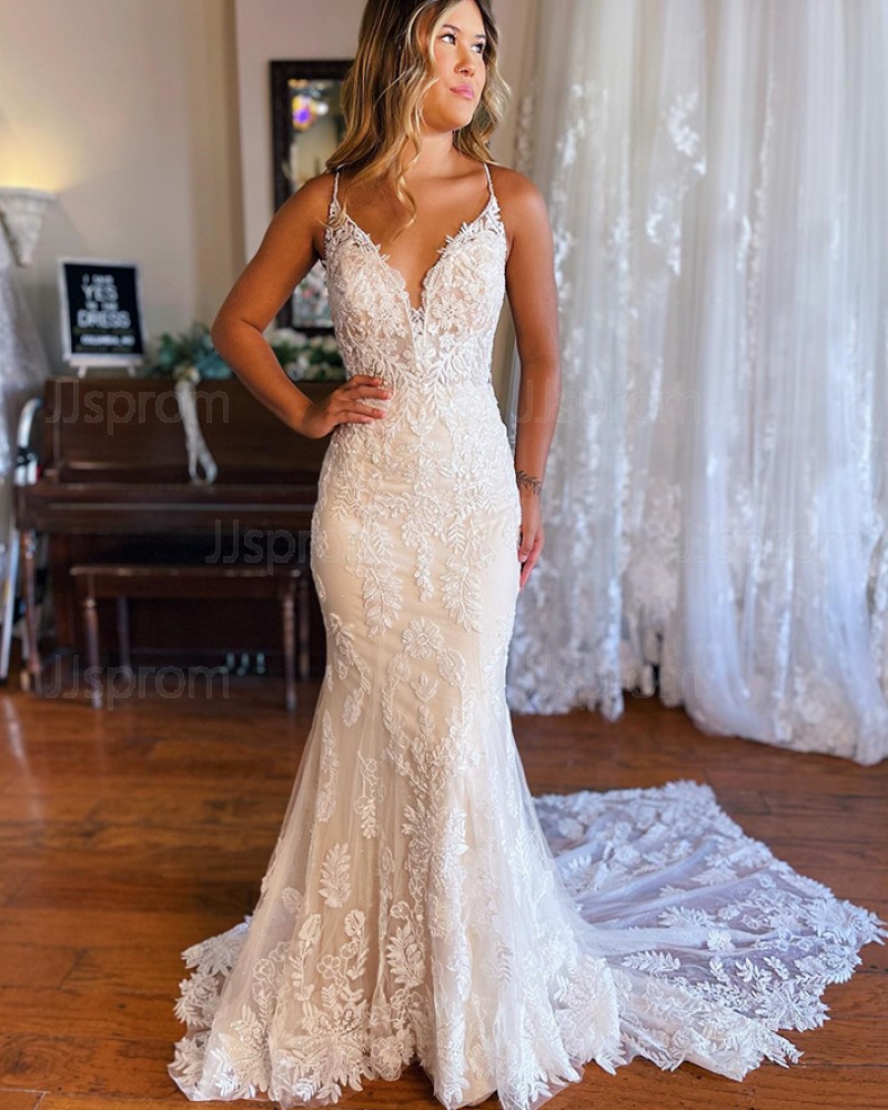 Lace Mermaid Spaghetti Straps Ivory Wedding Dress WD2575