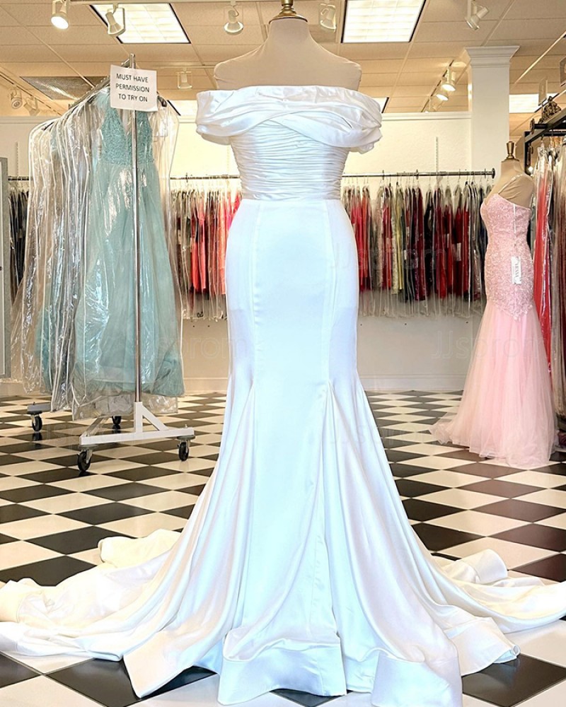 Off the Shoulder Ruched Satin White Mermaid Simple Wedding Dress WD2577