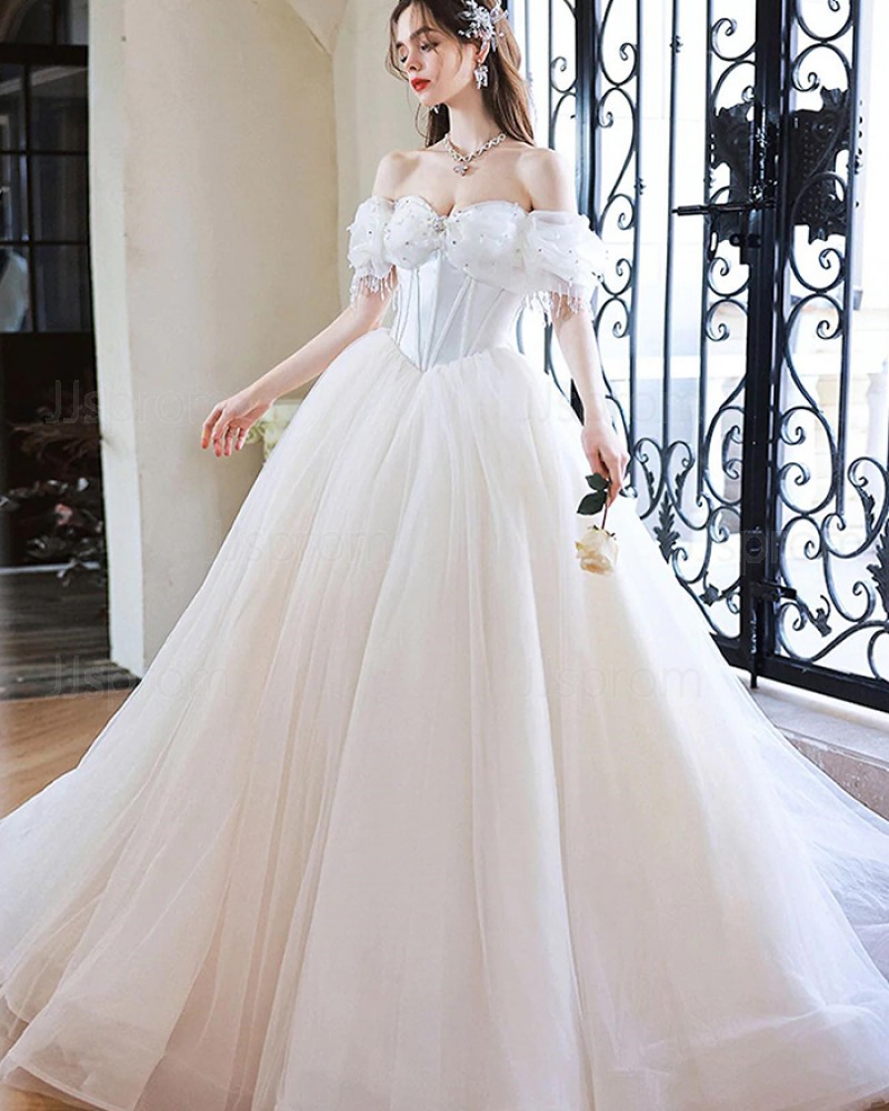 Beading Ruched Ivory Off the Shoulder Ball Gown Wedding Dress WD2579