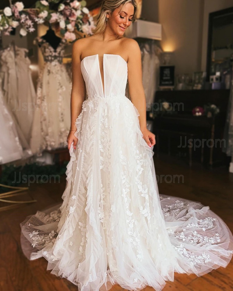 Ruffled Lace Applique Ivory Strapless Wedding Dress WD2580