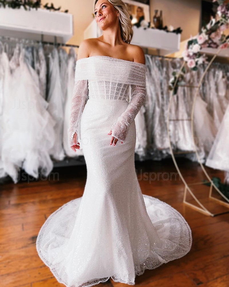 White Beaded Mermaid Off the Shoulder Wedding Dress with Detachable Sleeves WD2581