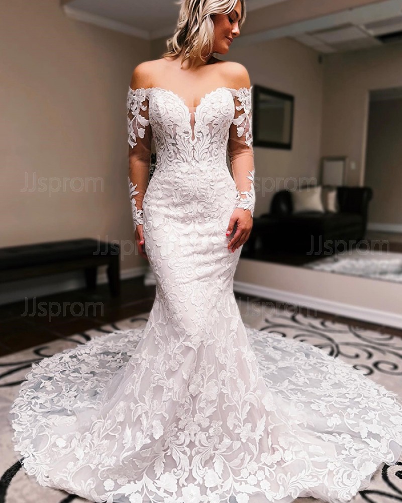 Off shoulder long sleeve mermaid wedding dress cheap