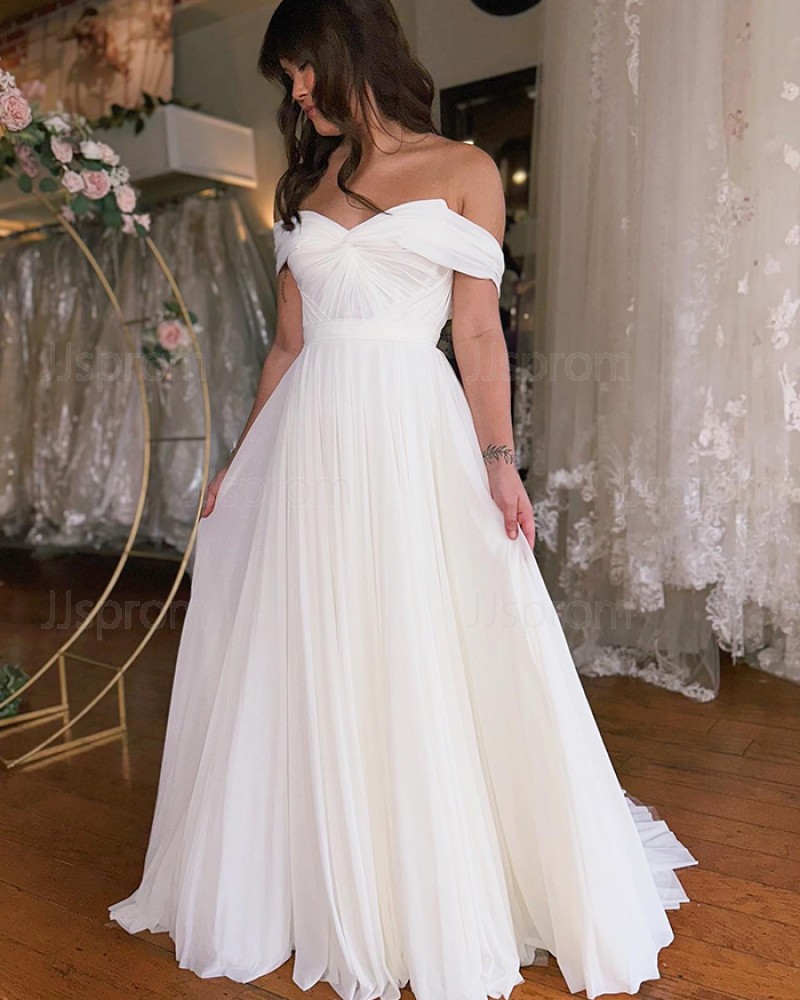 Off the Shoulder Ivory Ruched Chiffon Simple Wedding Dress WD2588