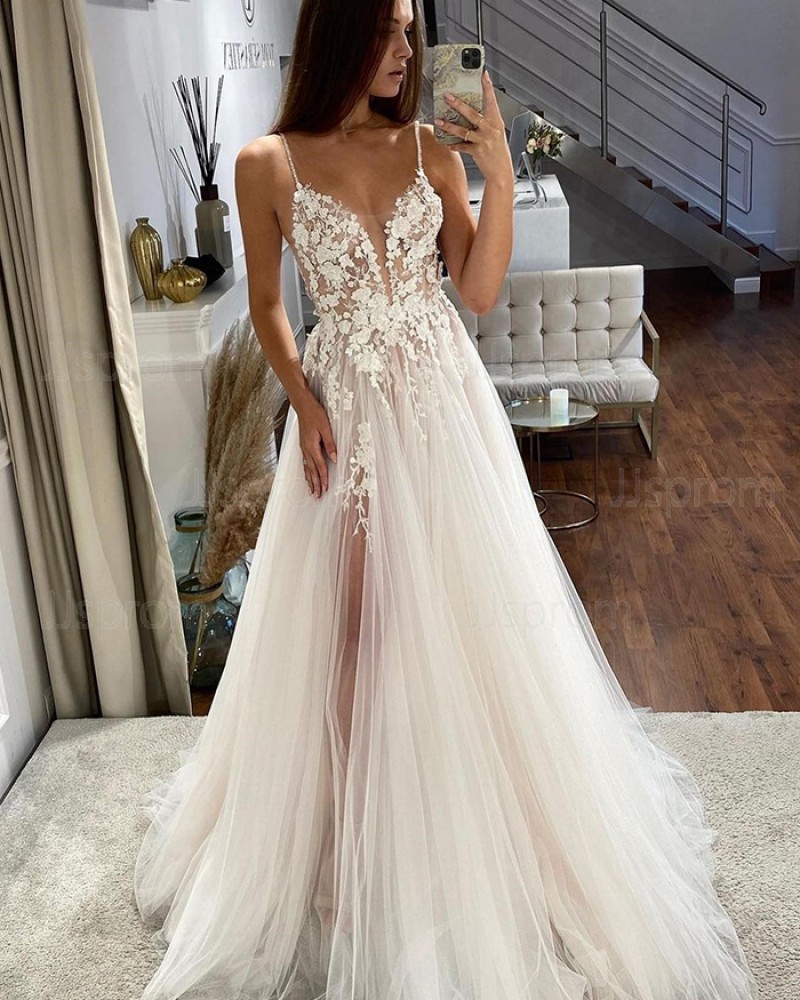 Ivory Lace Applique Bodice Spaghetti Straps Wedding Dress with Side Slit WD2589