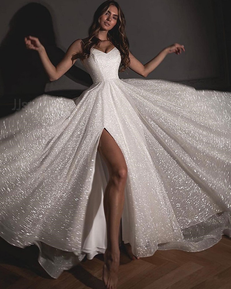 Glitter Spaghetti Straps Wedding Dress with Side Slit WD2593