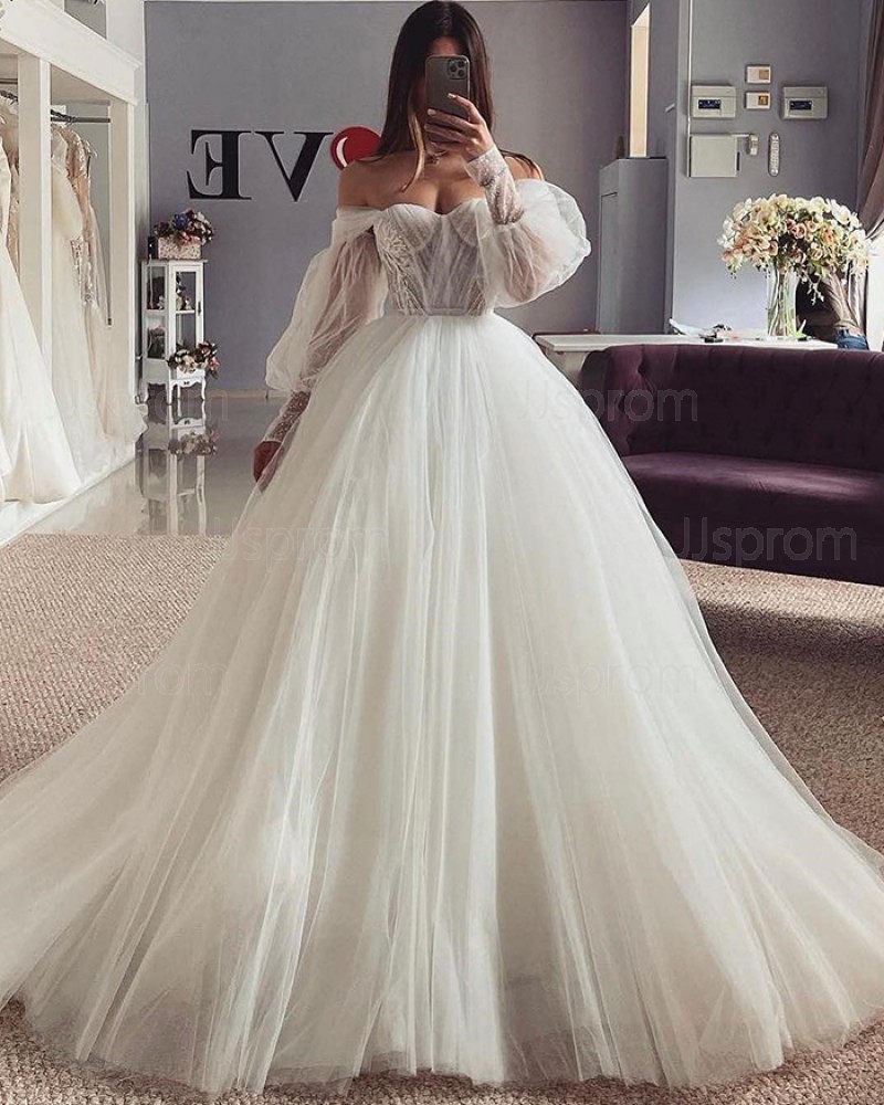 Lace Bodice Off the Shoulder Ivory Tulle Wedding Dress with Long Sleeves WD2602