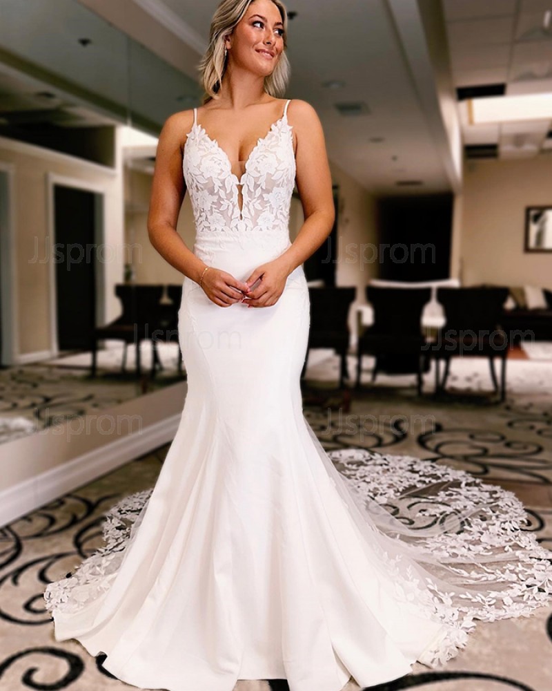 White Spaghetti Straps Lace Bodice Mermaid Wedding Dress WD2603