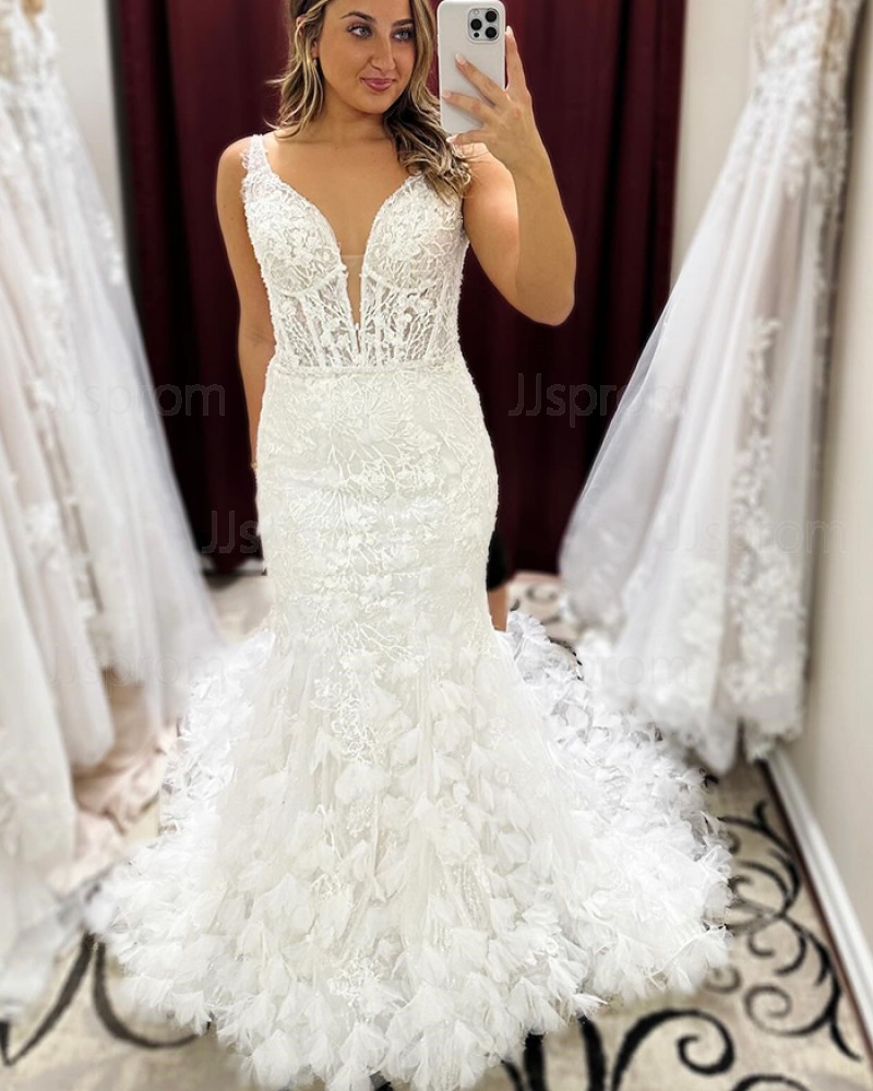 Lace Ivory Mermaid V-neck Wedding Dress with 3D Flowers WD2620