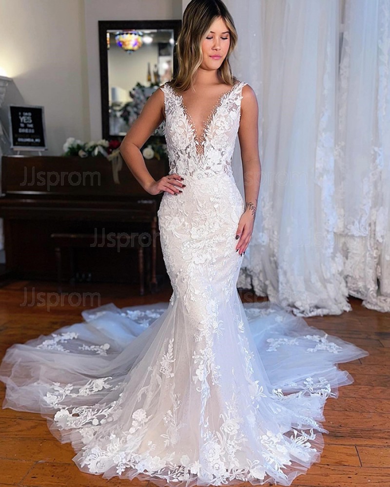 Beading Lace Appliqued Deep V-neck Mermaid Wedding Dress WD2623