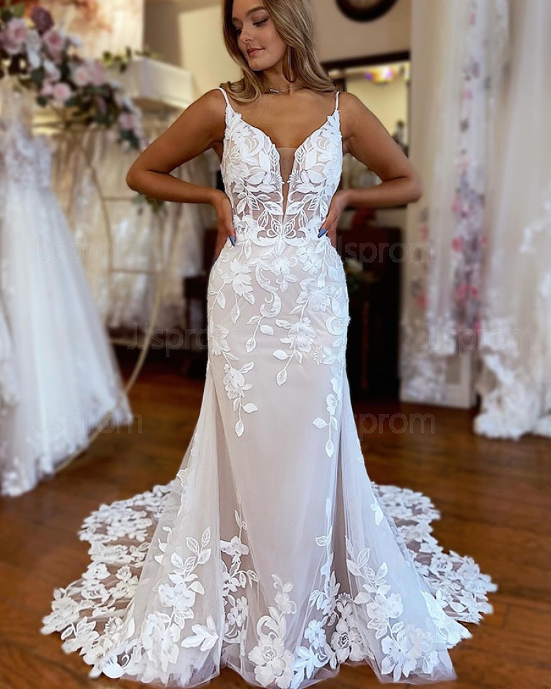 Spaghetti Straps Lace Applique Sheath Ivory Wedding Dress WD2631