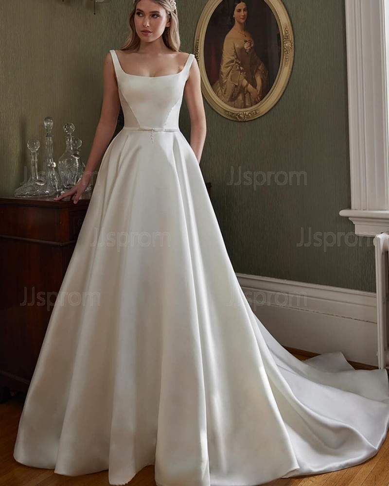 Satin Scoop Neckline Simple White Wedding Dress WD2633