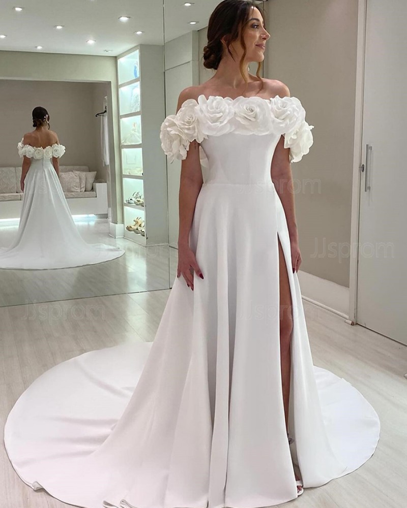 Satin Handmade Flowers Off the Shoulder Wedding Dress with Side Slit WD2635