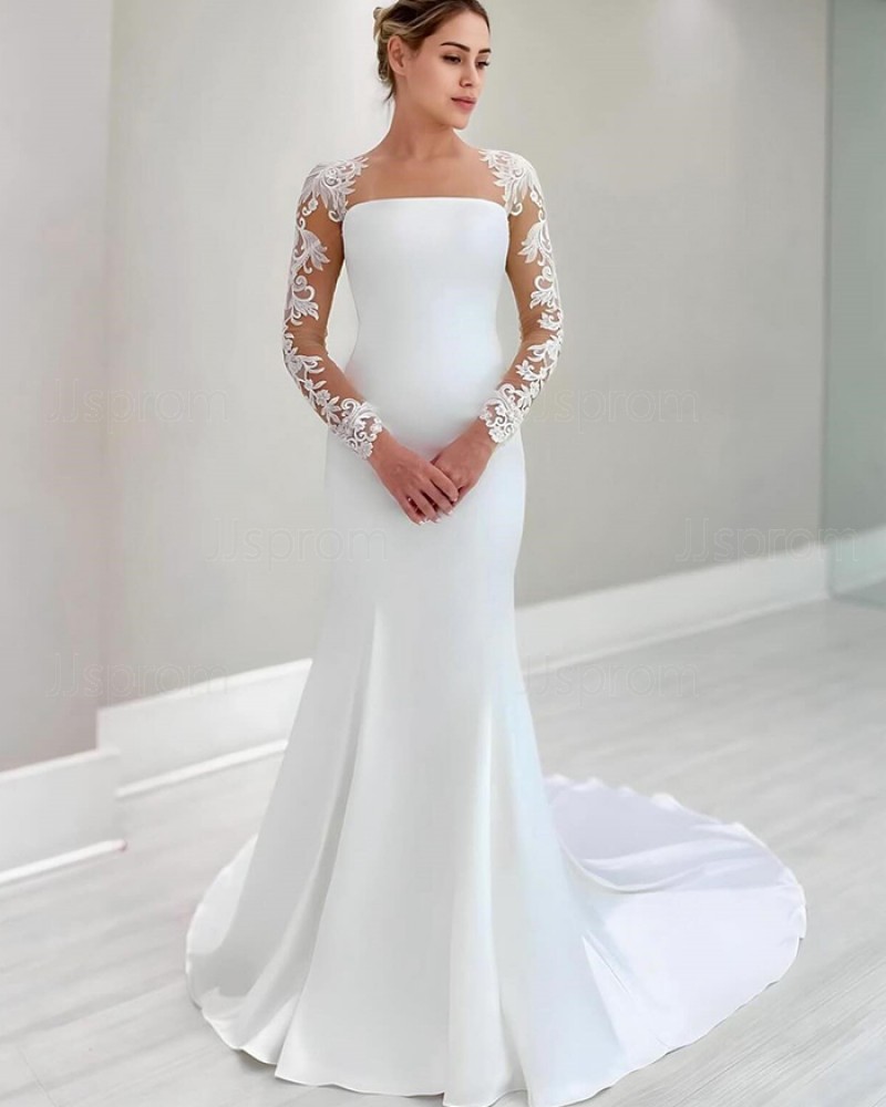 Satin Queen Anne Neckline White Wedding Dress with Long Lace Sleeves WD2638