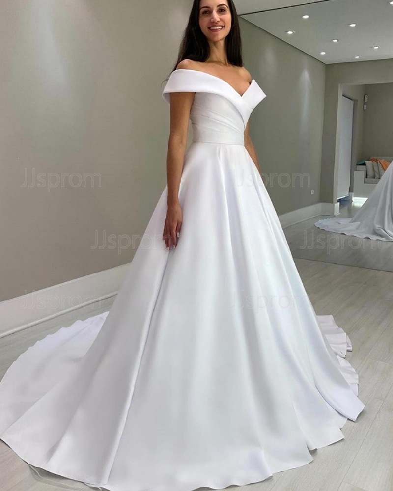 White V-neck Ruched Satin Simple A-line Wedding Dress WD2640