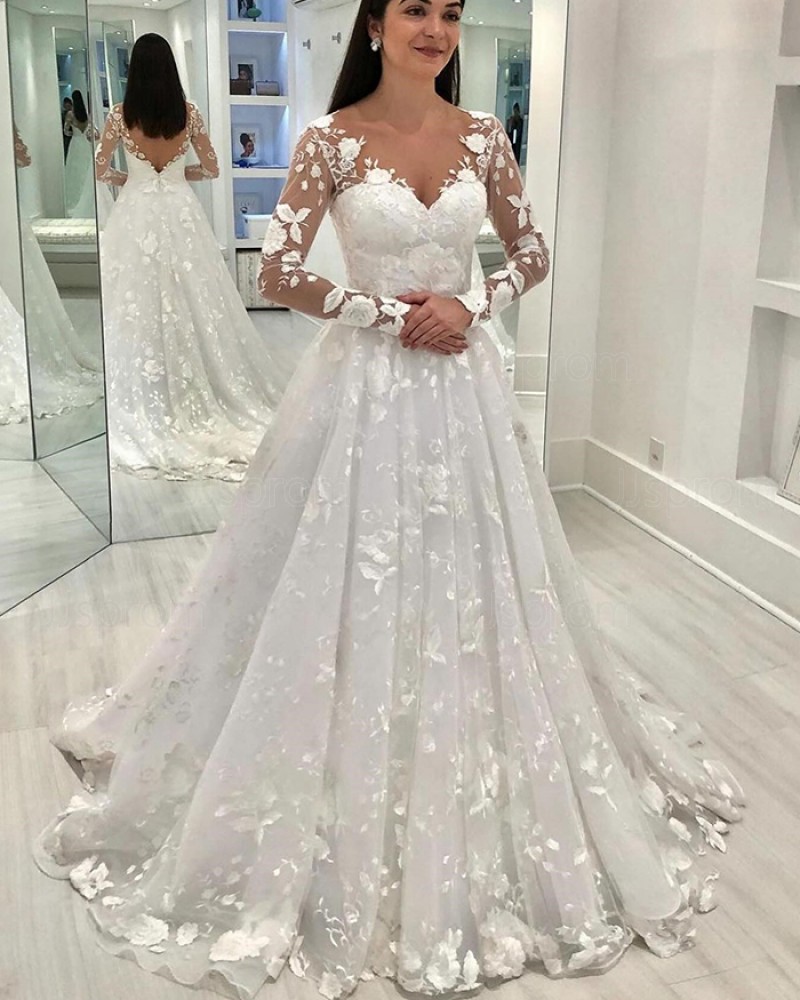 Lace A-line V-neck White Wedding Dress with Long Sleeves WD2642