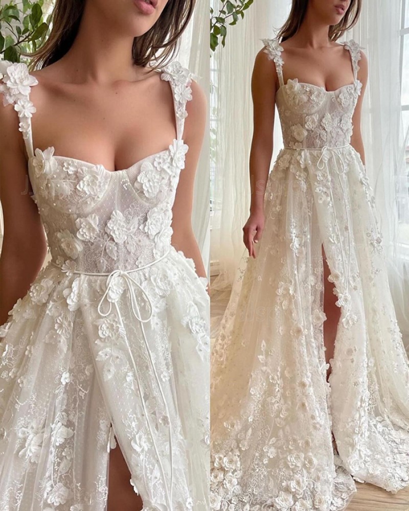 3D Flowers Square Neckline Ivory Wedding Dress with Side Slit WD2644