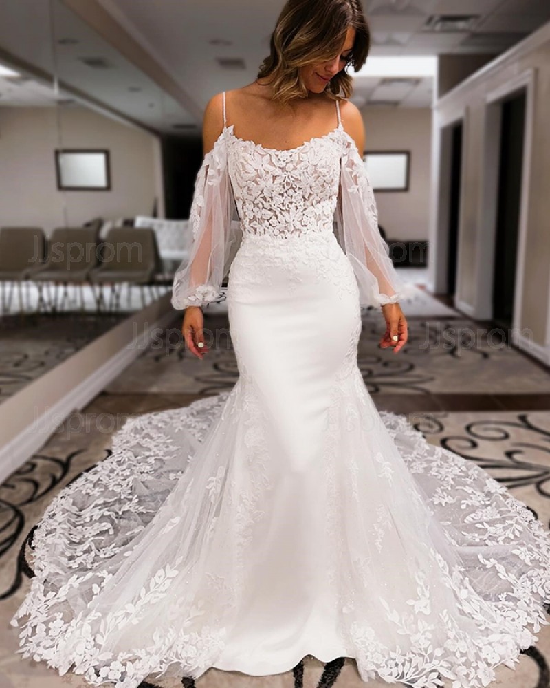 Lace Applique Cold Shoulder White Wedding Dress with Long Sleeves WD2647