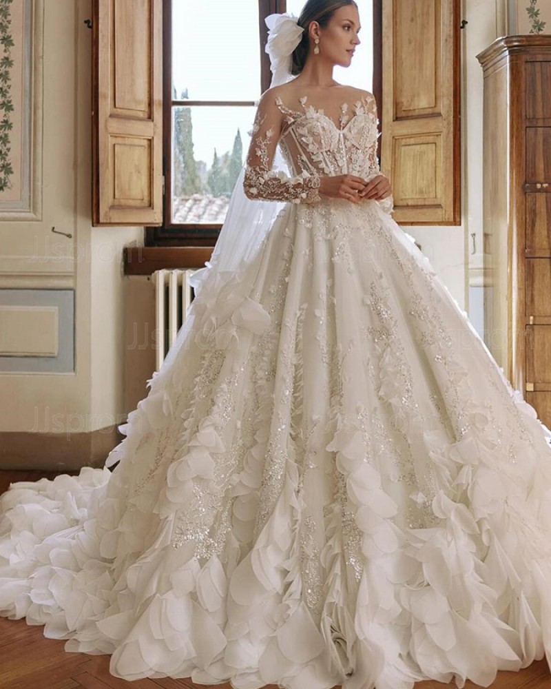 Ruffled & Lace Applique Sheer Neckline A-line Wedding Dress with Long Sleeves WD2648