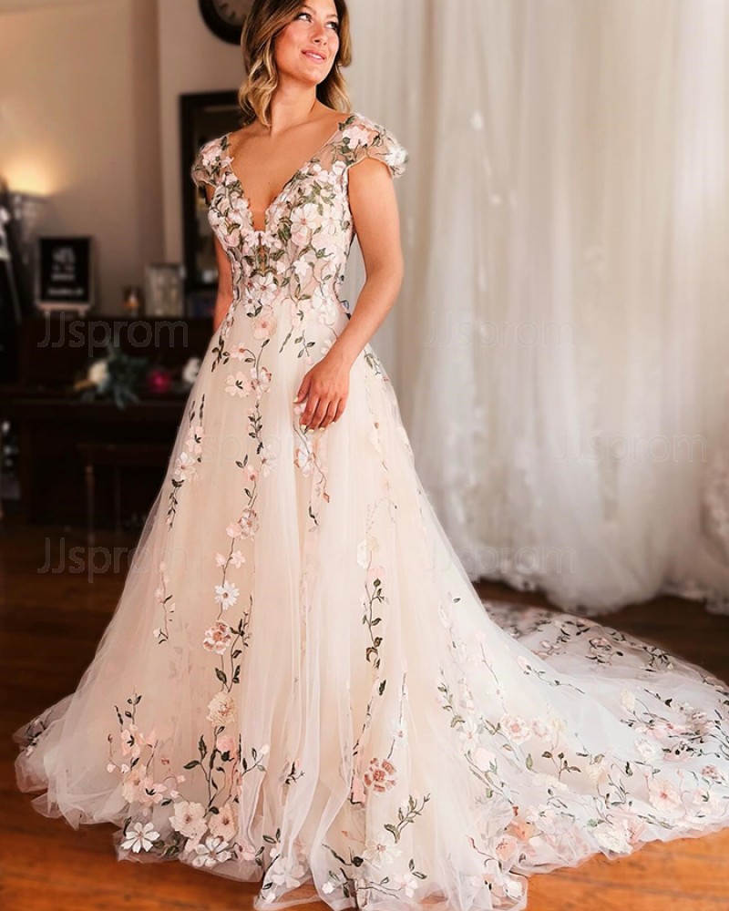 Floral Lace Applique V-neck Wedding Dress with Cap Sleeves WD2650