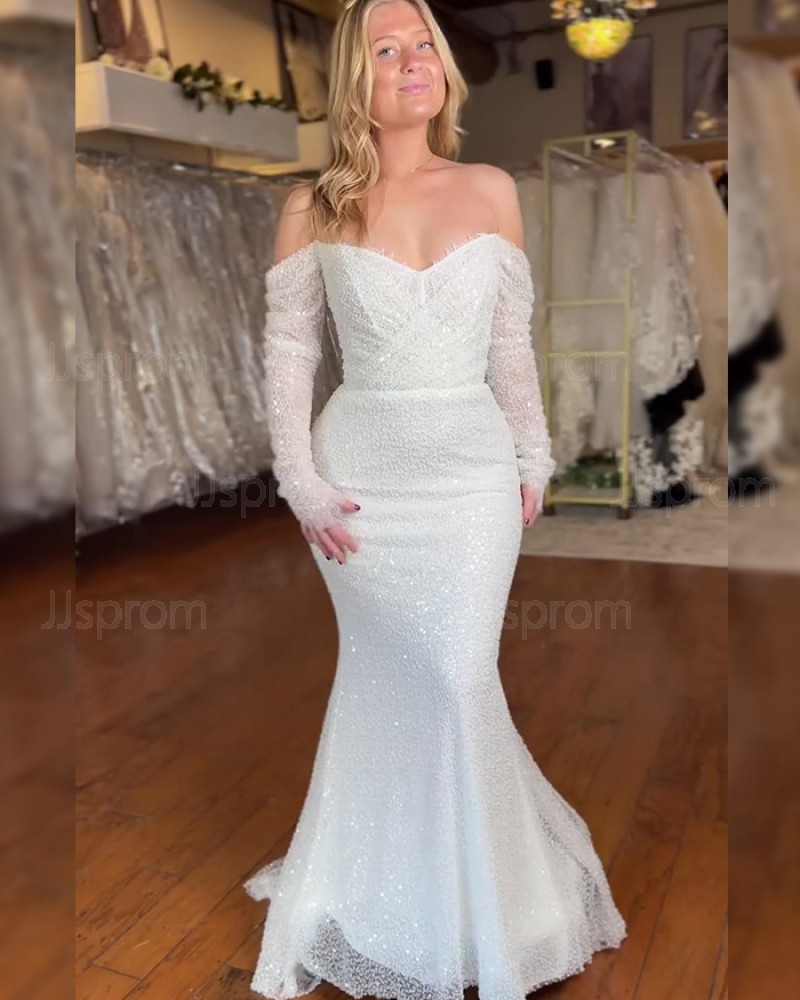 Off The Shoulder White Sparkly Beading Mermaid Wedding Dress With Long Sleeves WD2658