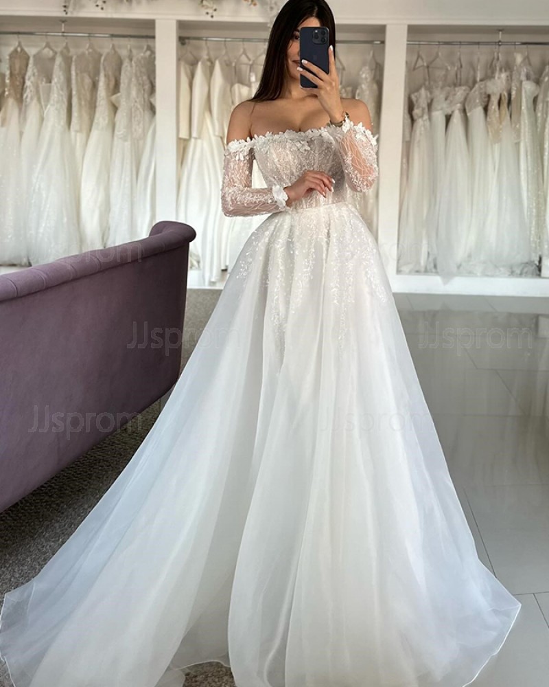 White Off The Shoulder Tulle Lace Applique Wedding Dress With Long Sleeves WD2659