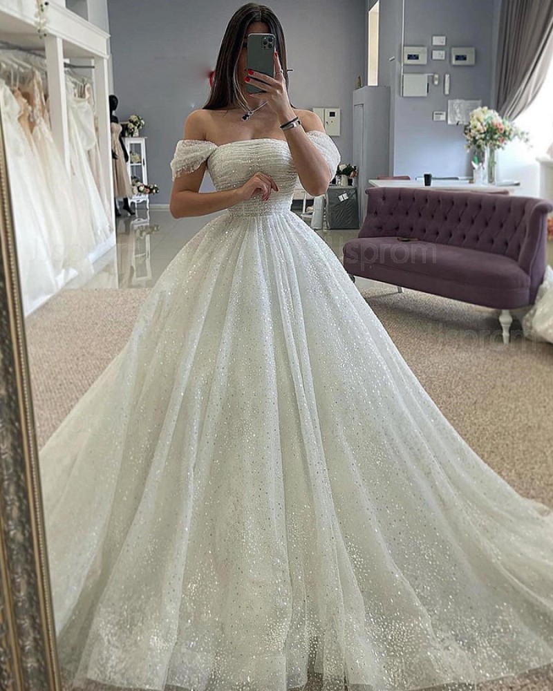Ivory Sparkle Off The Shoulder Ruched A-Line Wedding Dress WD2665