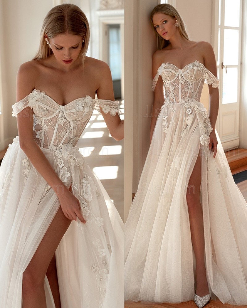 Off The Shoulder Ivory 3D Flowers Tulle Wedding Dress With Side Slit WD2673