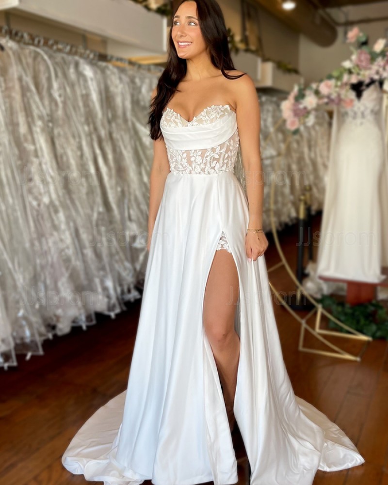 Lace Bodice Sweetheart Satin White Wedding Dress With Side Slit WD2675