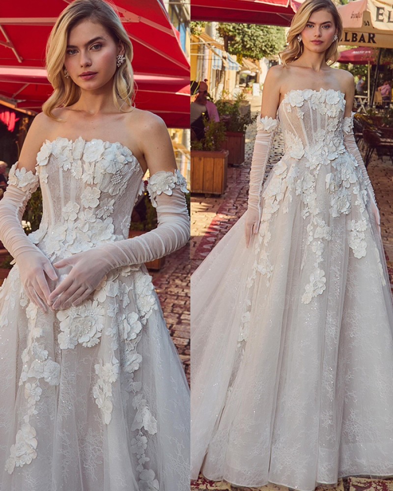 Lace Applique Strapless Ivory A-Line Wedding Dress WD2678