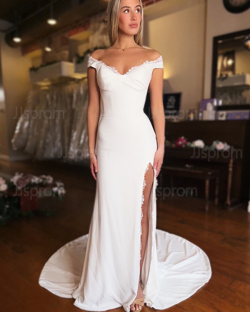 V-neck White Satin Simple Mermaid Wedding Dress with Applique WD2686