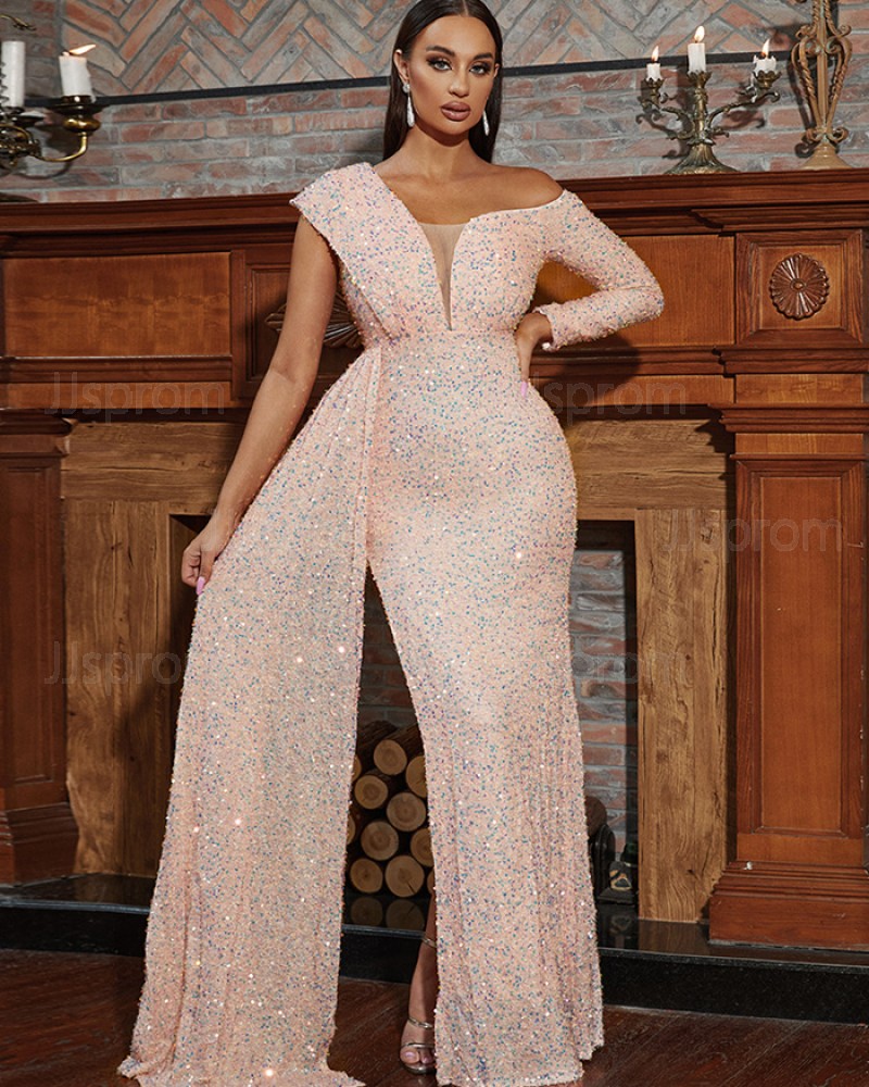 Special Light Pink Sequin Mermaid Evening Dress with Long Sleeves XH1858