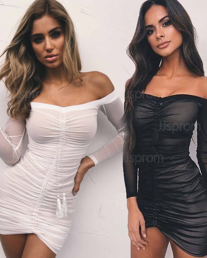 Off the Shoulder Tulle Long Sleeve Ruched Tight Club Dress ZY7608