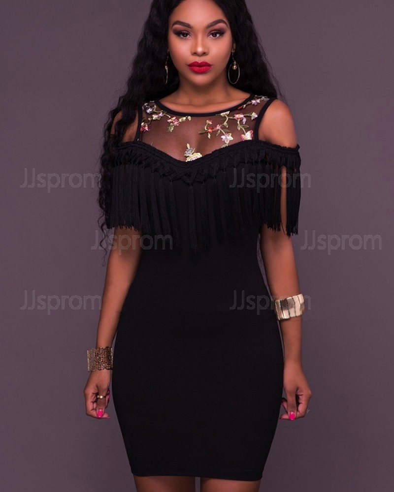 Jewel Sheer Embroidery Bodycon Club Dress with Tassels M651