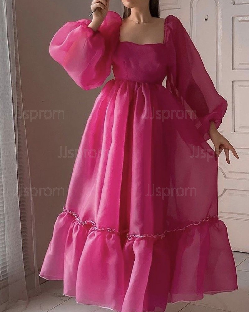 Fuchsia Tulle Square Neckline Empire Ruched Bridgerton Dress with Long Sleeves VD002