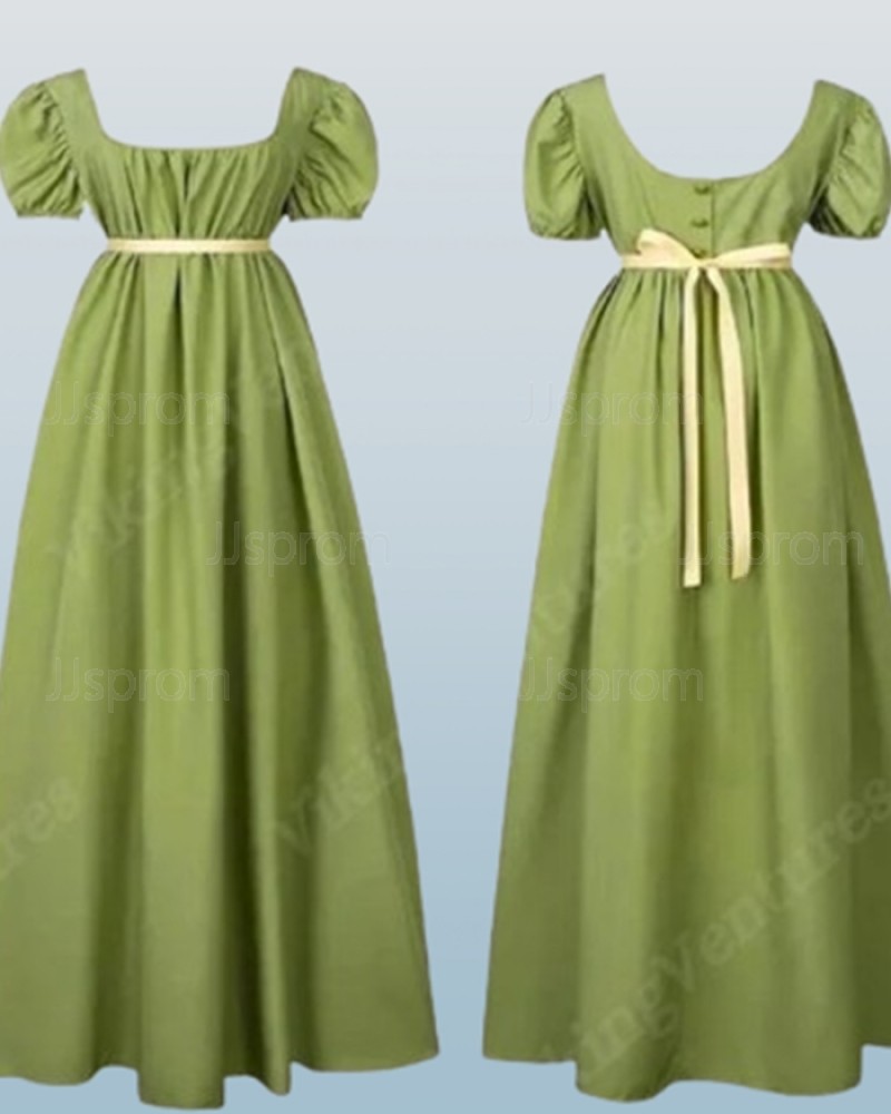 Pearl Pink Square Neckline Empire Satin Bridgerton Dress with Puff Sleeves VD003