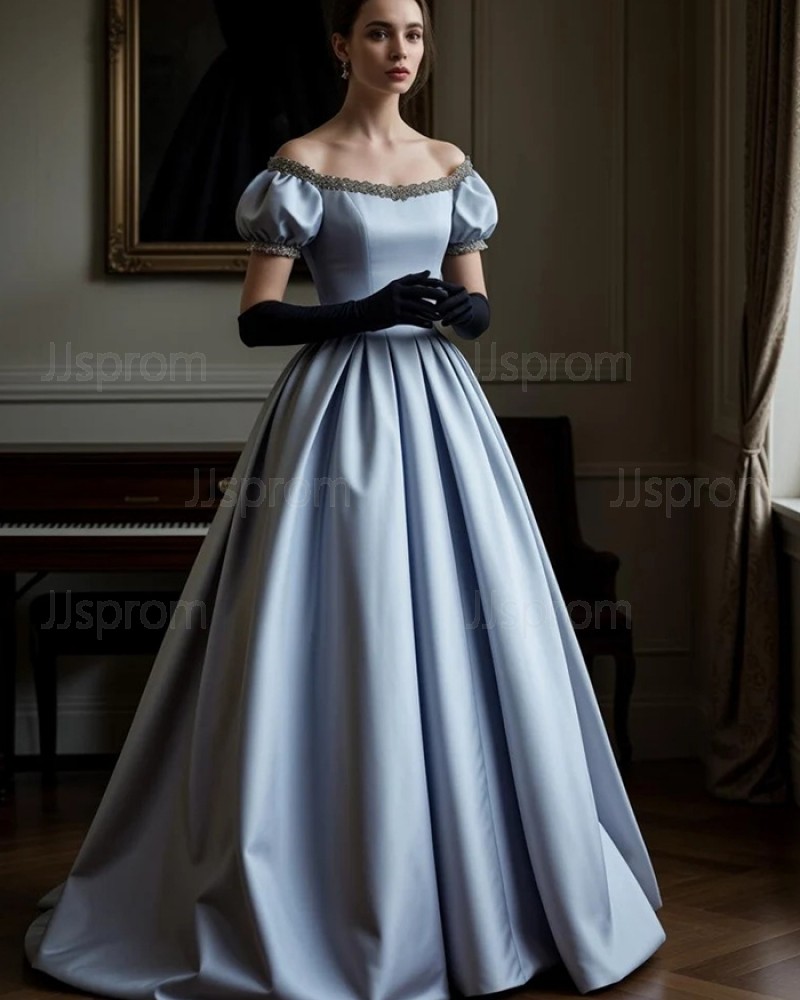 Off the Shoulder Light Blue Applique Empire Satin Bridgerton Dress with Puff Sleeves VD004