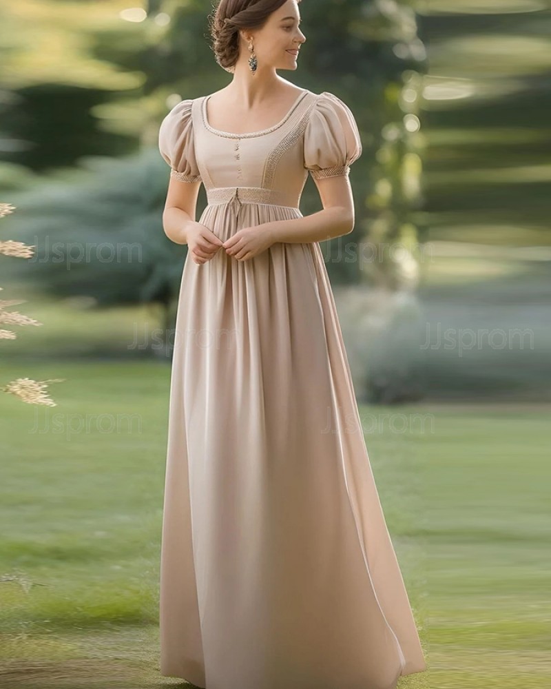 Pearl Pink Chiffon Square Neckline Empire Bridgerton Dress with Puff Sleeves VD005