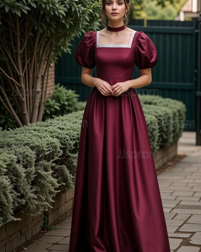Burgundy Satin Square Neckline Empire Bridgerton Dress with Puff Sleeves VD007
