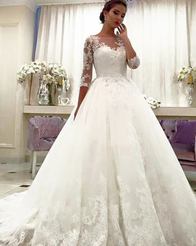 Appliqued Ball Gown Bateau Neck Lace Wedding Dress with Half Length Sleeves WD2066