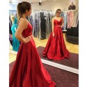 Spaghetti Straps Two Piece Satin Red Prom Dress with Pockets PD1024