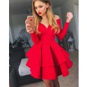 Sheer Red Satin Layered Skirt Homecoming Dress with Long Sleeves HD3166