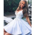 Light Blue Pleated V-neck Homecoming Dress with Appliques HD3374