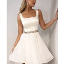 Simple White Square Satin Homecoming Dress with Beading Belt HD3418