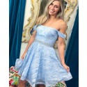 Light Blue Off the Shoulder Sequin A-line Short Homecoming Dress HD3623