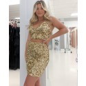 Spaghetti Straps Two Piece Gold Sequin Tight Short Homecoming Dress HD3625
