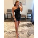 One Shoulder Black Sequin Tight Simple Homecoming Dress HD3649